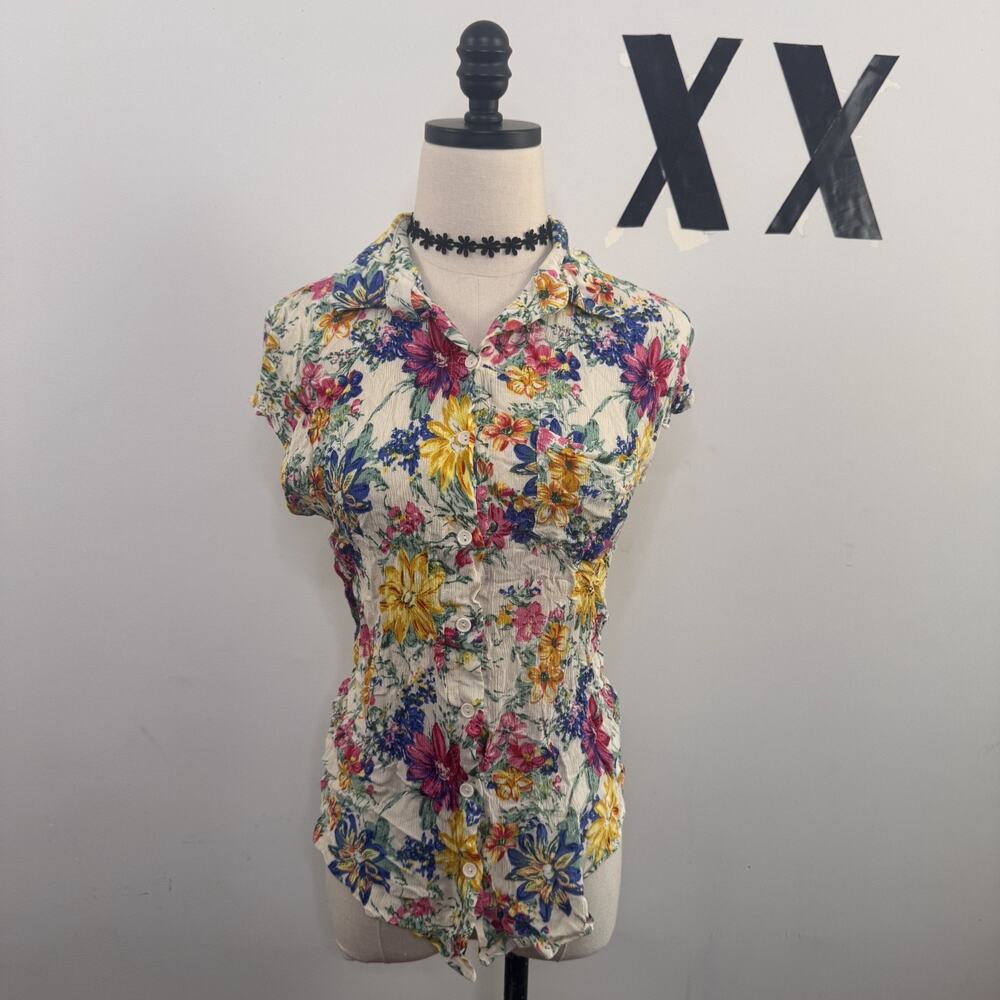 Vintage Y2K Floral Open Back Top Cap Sleeve Button-Up Indie Fairy M/L